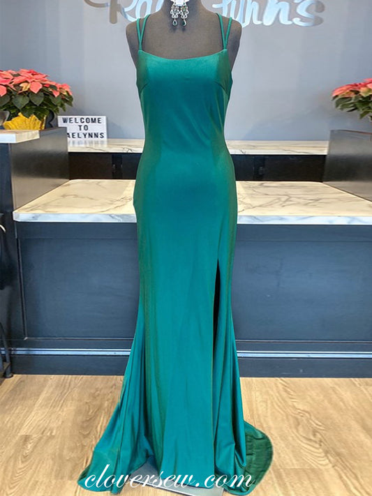 Teal Green Spaghetti Strap Open Back Sheath Formal Dresses ,CP0353