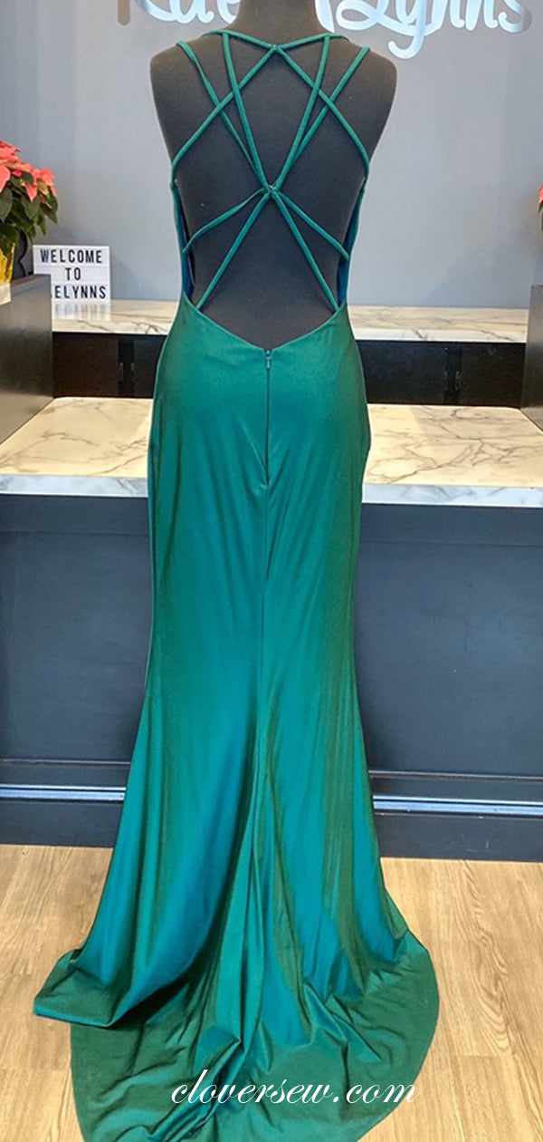 Teal Green Spaghetti Strap Open Back Sheath Formal Dresses ,CP0353