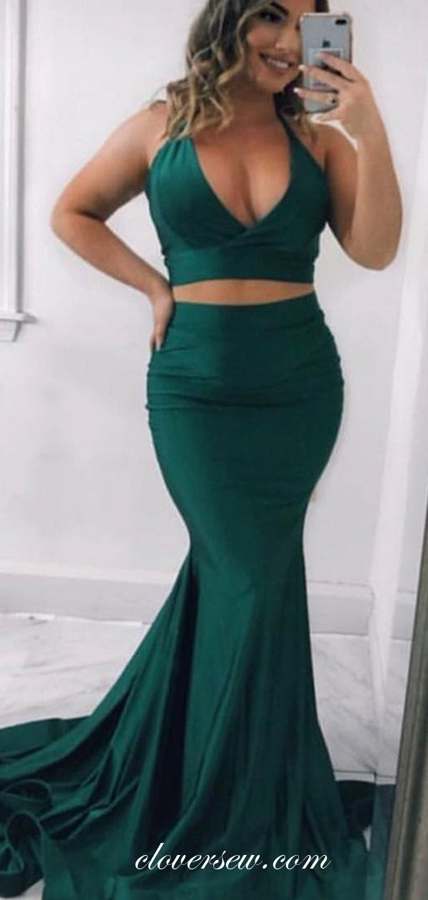 Teal Jersey Two Piece Halter Mermaid Prom Dresses,CP0376 clover sew Teal Jersey Two Piece Halter Mermaid Prom Dresses,CP0376 clover sew