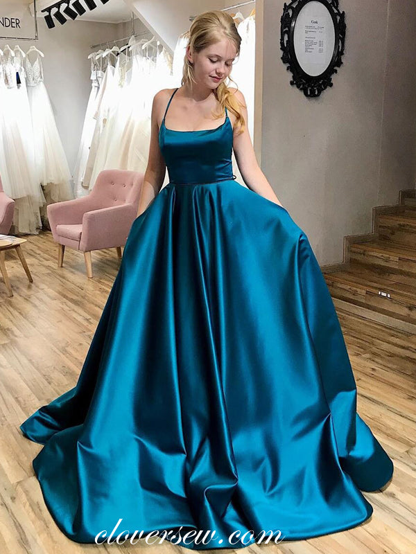 Teal Satin Spaghetti Strap Lace Up Back A-line Prom Dresses,CP0256