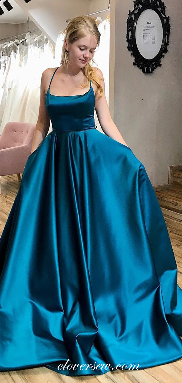 Teal Satin Spaghetti Strap Lace Up Back A-line Prom Dresses,CP0256