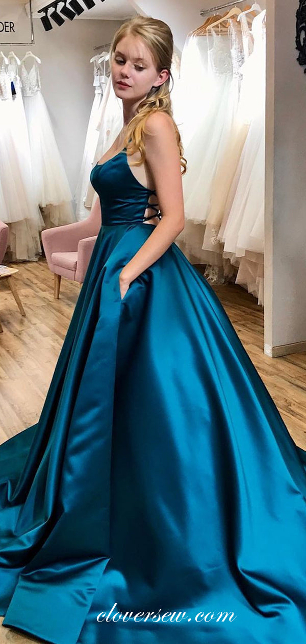Teal Satin Spaghetti Strap Lace Up Back A-line Prom Dresses,CP0256 clover sew Teal Satin Spaghetti Strap Lace Up Back A-line Prom Dresses,CP0256 clover sew