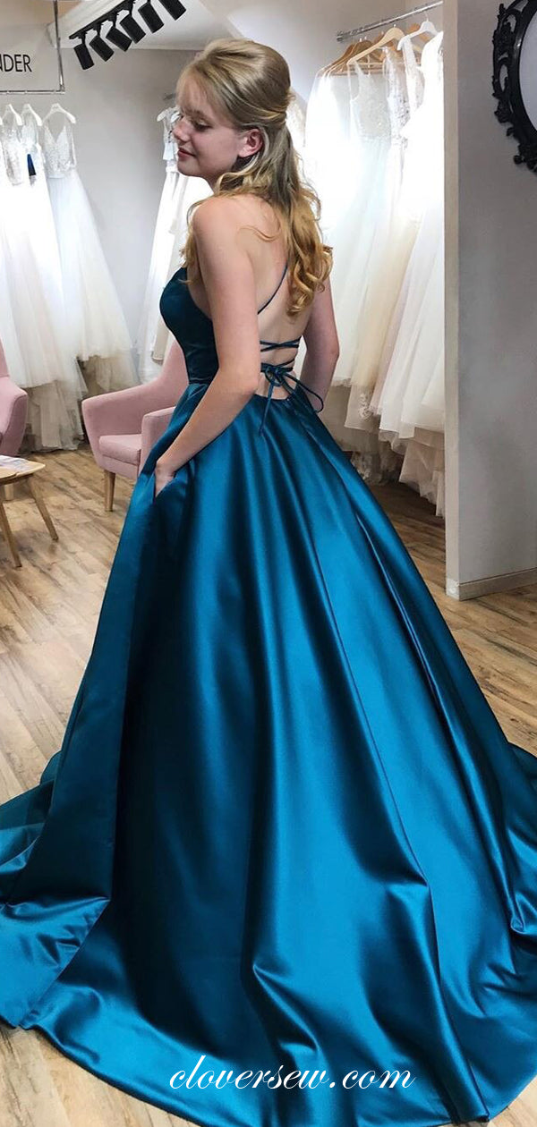 Teal Satin Spaghetti Strap Lace Up Back A-line Prom Dresses,CP0256