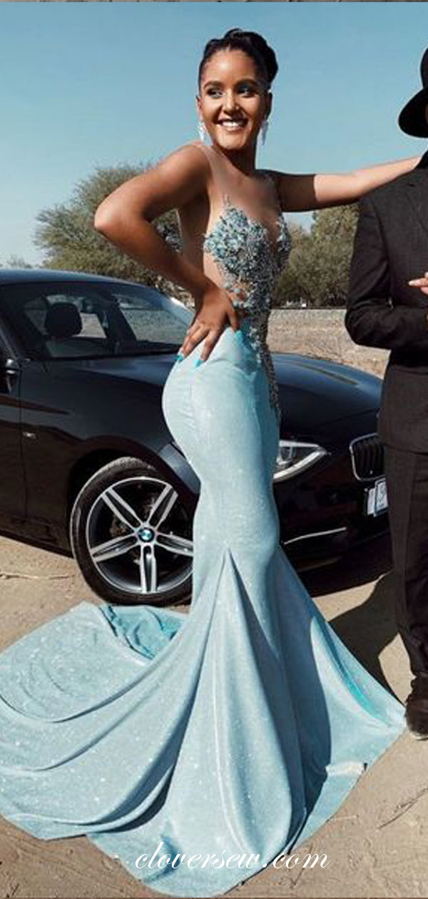 Tiffany Blue 3D Applique Illusion Neckline Mermaid Prom Dresses, CP0537