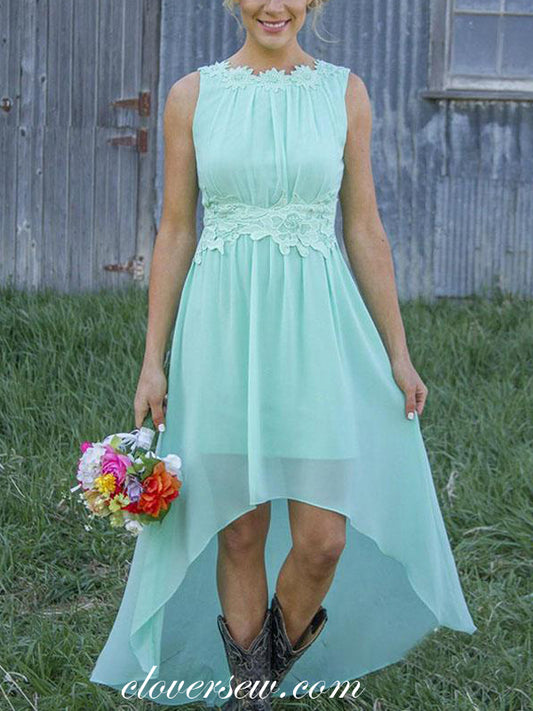 Tiffany Blue Chiffon Applique High Low Bridesmaid Dresses,CB0139