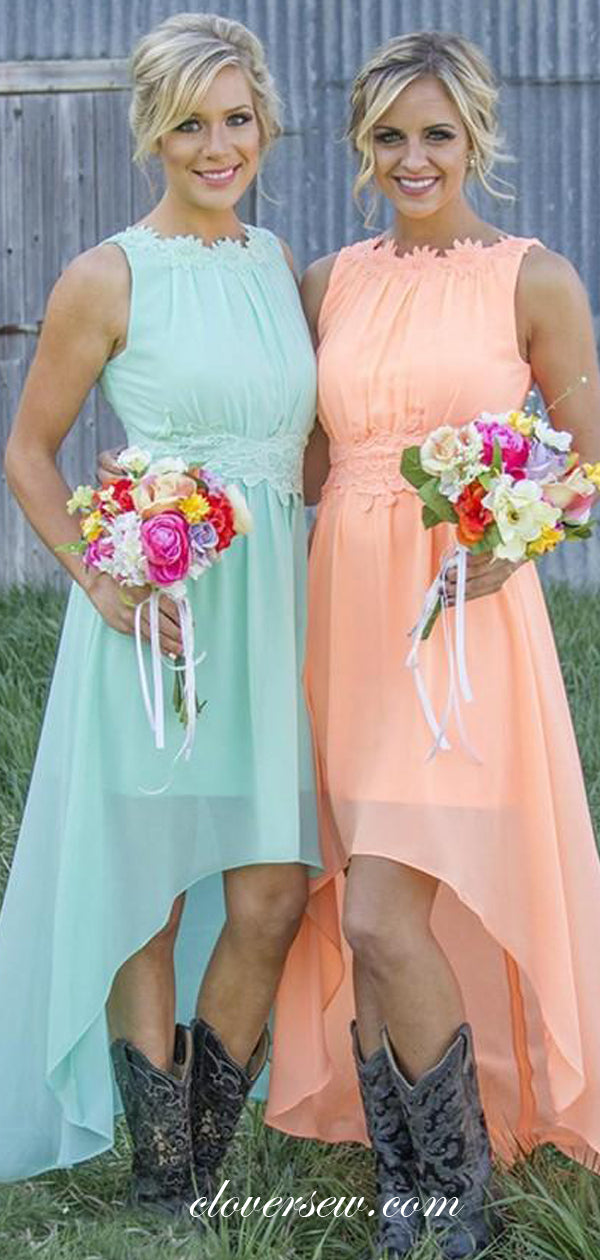 Tiffany Blue Chiffon Applique High Low Bridesmaid Dresses,CB0139