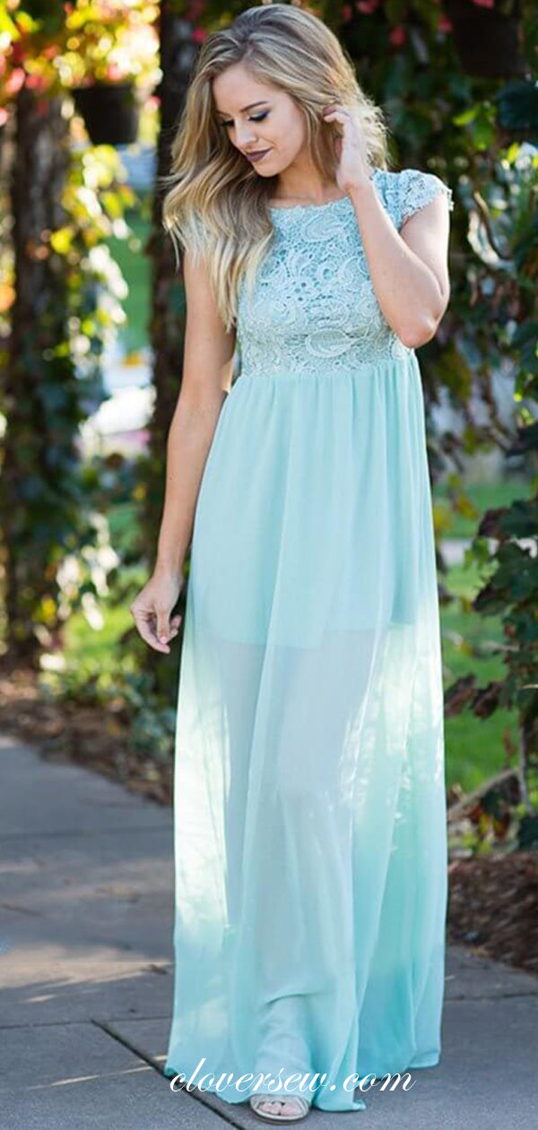 Tiffany Blue Chiffon Lace Cap Sleeves Keyhole Back Bridesmaid Dresses,CB0137