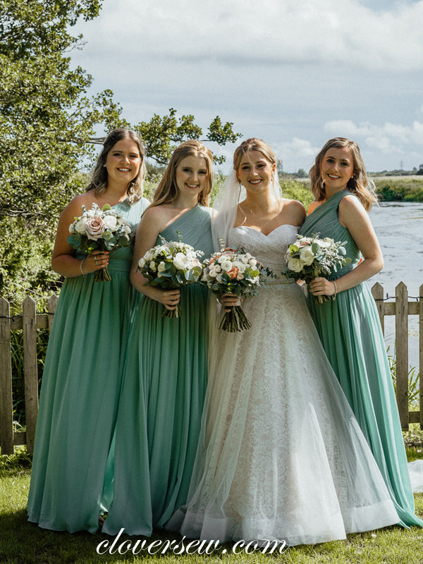 Tiffany Blue Chiffon One Shoulder A-line Long Bridesmaid Dresses, CB0268