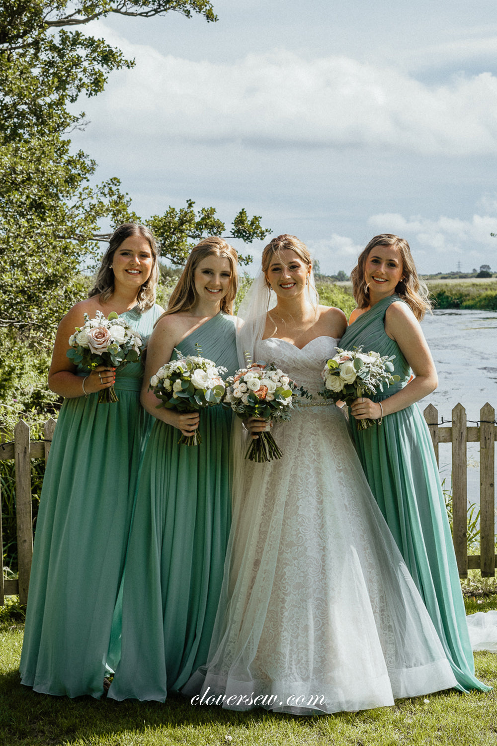 Tiffany Blue Chiffon One Shoulder A-line Long Bridesmaid Dresses, CB0268