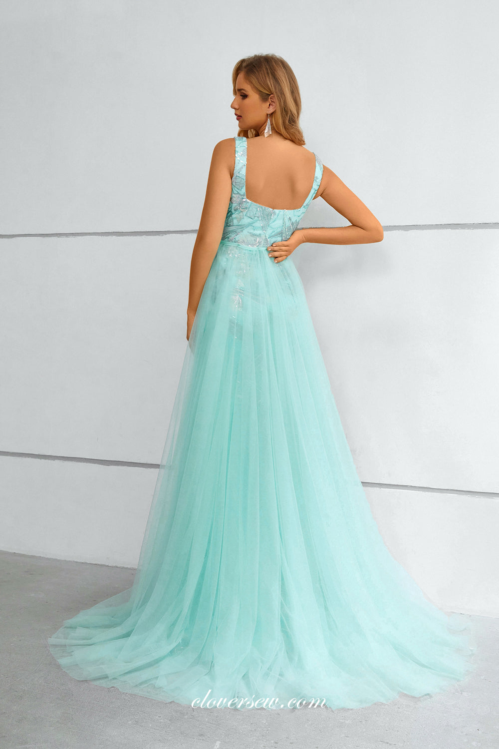 Tiffany Blue Lace Detachable Tulle Train Square Neck Sleeveless Prom Dresses, CP0915