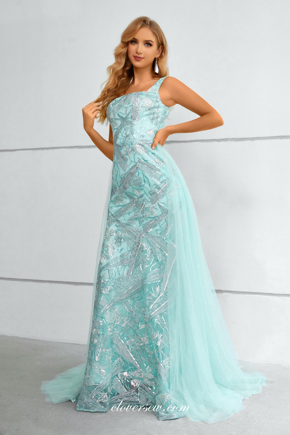 tiffany blue dresses for women Tiffany Blue Lace Detachable Tulle Train Square Neck Sleeveless Prom Dresses, CP0915 US4 / Custom Color(leaving a note)