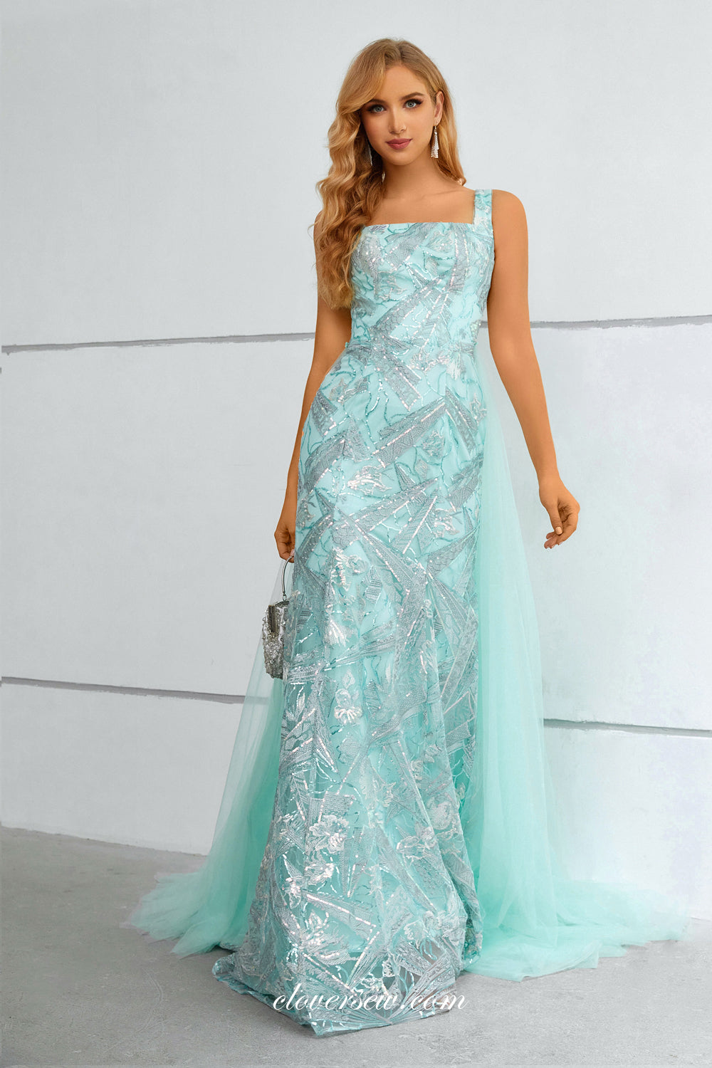 Tiffany Blue Lace Detachable Tulle Train Square Neck Sleeveless Prom Dresses, CP0915 Tiffany Blue Lace Detachable Tulle Train Square Neck Sleeveless Prom Dresses, CP0915