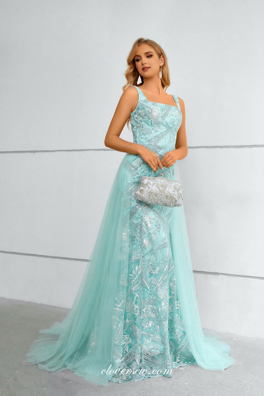 Tiffany Blue Lace Detachable Tulle Train Square Neck Sleeveless Prom D
