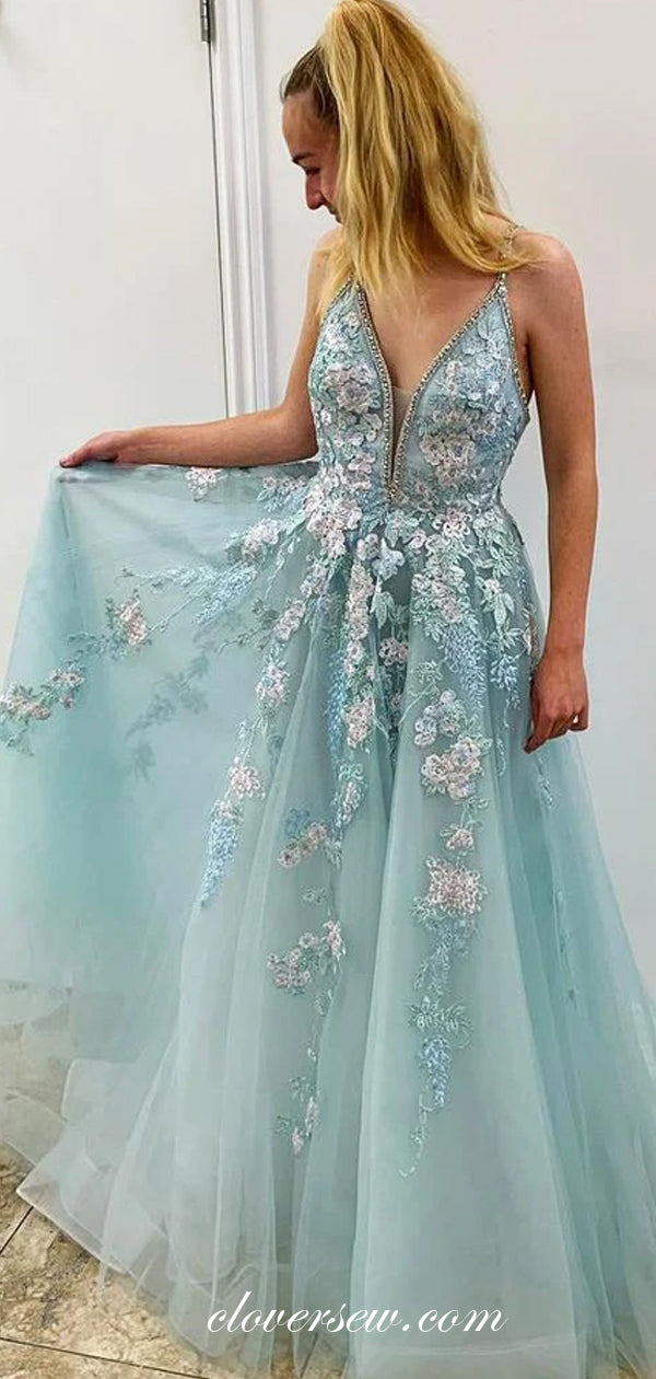 Tiffany Blue Tulle Emboridery Applique Spaghetti Strap A-line Prom Dresses, CP0530