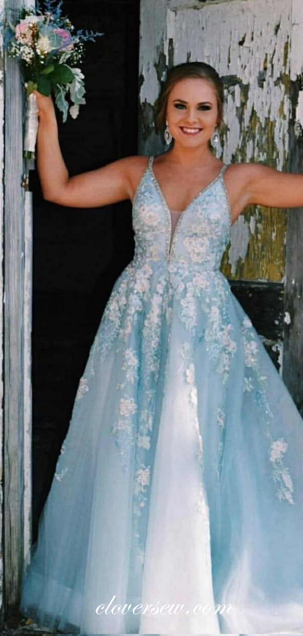 Tiffany Blue Tulle Emboridery Applique Spaghetti Strap A-line Prom Dresses, CP0530