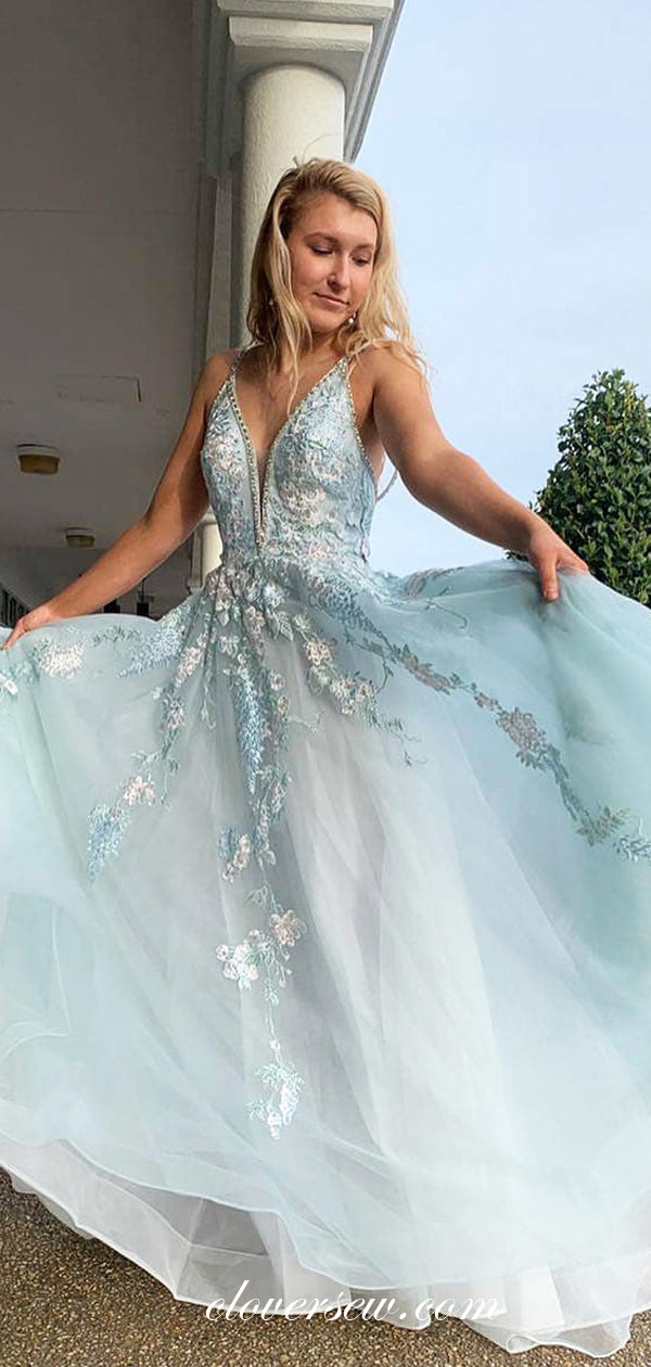 Tiffany Blue Tulle Emboridery Applique Spaghetti Strap A-line Prom Dresses, CP0530