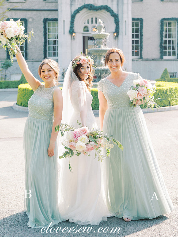 Tiffany Blue Tulle Mismatched A-line Elegant Long Bridesmaid Dresses, CB0264