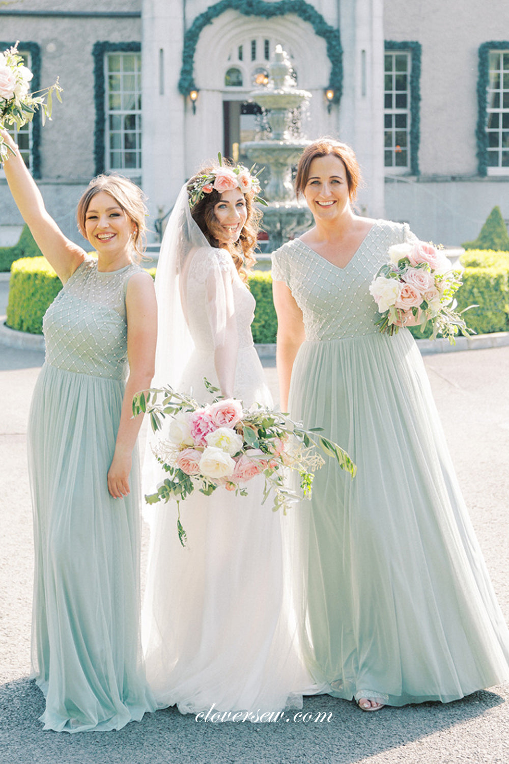 Tiffany Blue Tulle Mismatched A-line Elegant Long Bridesmaid Dresses, CB0264