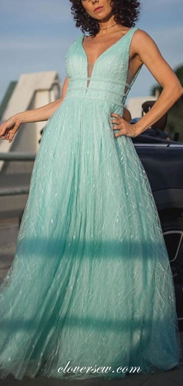 Tiffany Blue Lace Sleeveless A-line Prom Dresses,CP0312