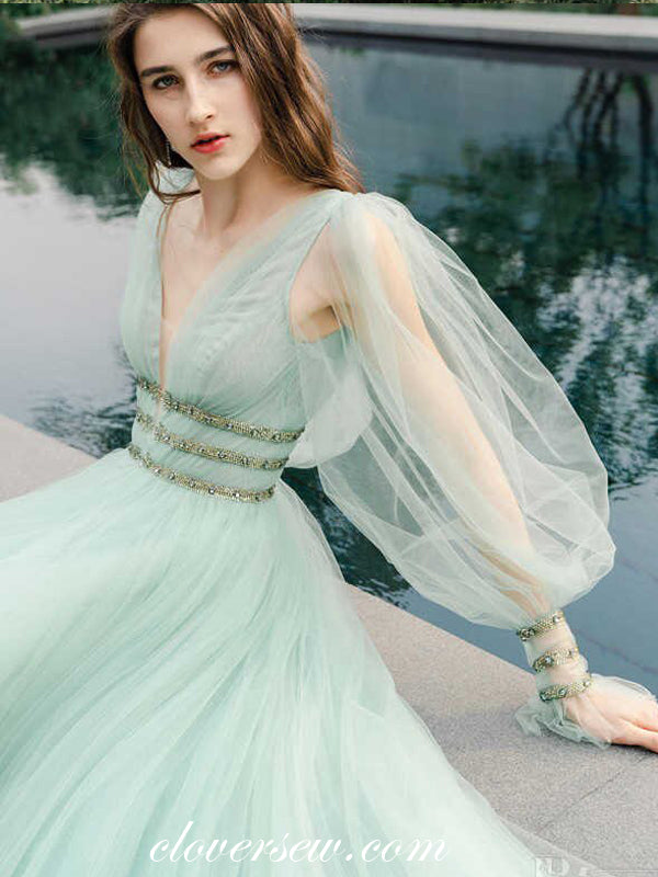 Tiffany Blue Tulle Long Puff Sleeves Bead Belt Prom Dresses , CP0479