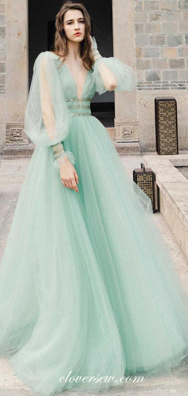 Tiffany Blue Tulle Long Puff Sleeves Bead Belt Prom Dresses , CP0479