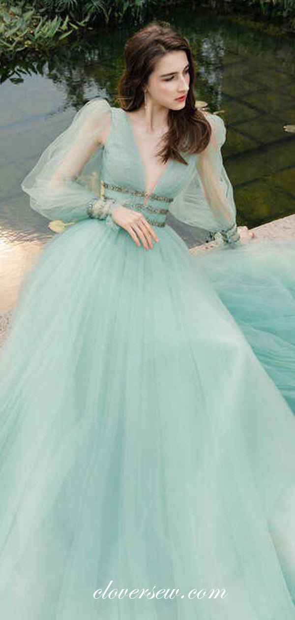 Tiffany Blue Tulle Long Puff Sleeves Bead Belt Prom Dresses , CP0479 US14 / As Pic Tiffany Blue Tulle Long Puff Sleeves Bead Belt Prom Dresses , CP0479 US14 / As Pic