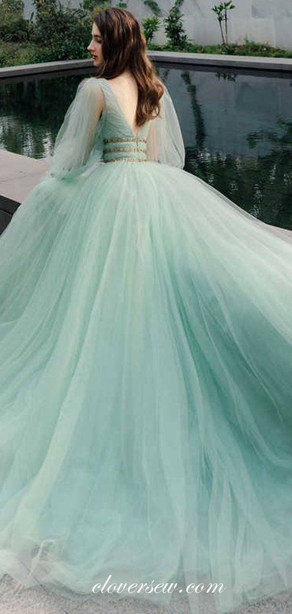 Tiffany Blue Tulle Long Puff Sleeves Bead Belt Prom Dresses , CP0479