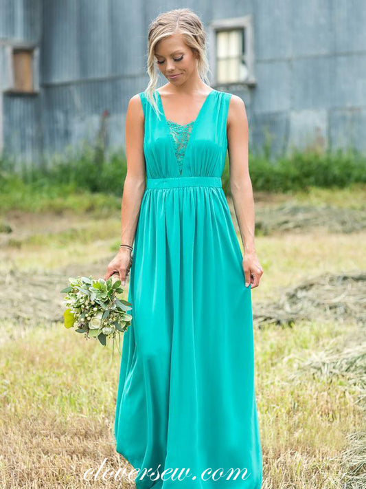 Turquoise Chiffon Sleeveless A-line Long Bridesmaid Dresses,CB0138