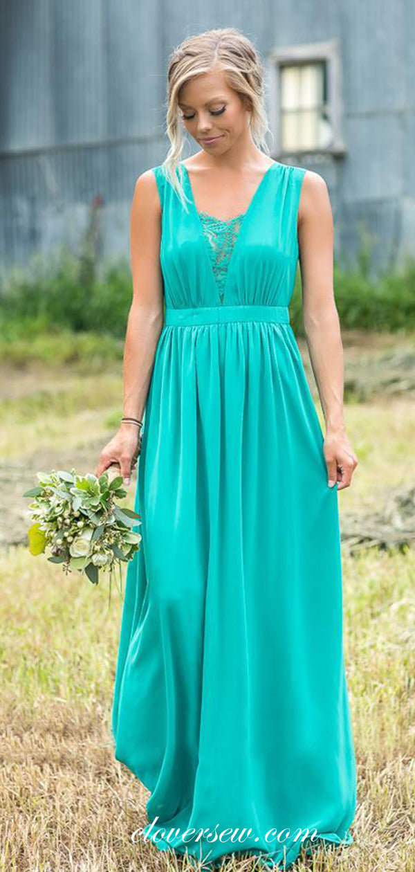 Turquoise Chiffon Sleeveless A-line Long Bridesmaid Dresses,CB0138