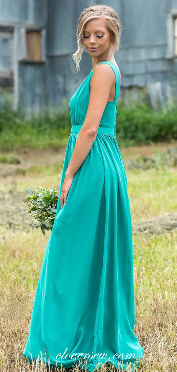 Turquoise Chiffon Sleeveless A-line Long Bridesmaid Dresses,CB0138