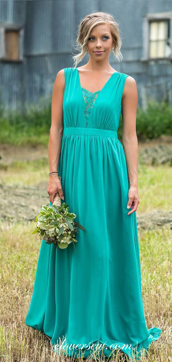 Turquoise Chiffon Sleeveless A-line Long Bridesmaid Dresses,CB0138