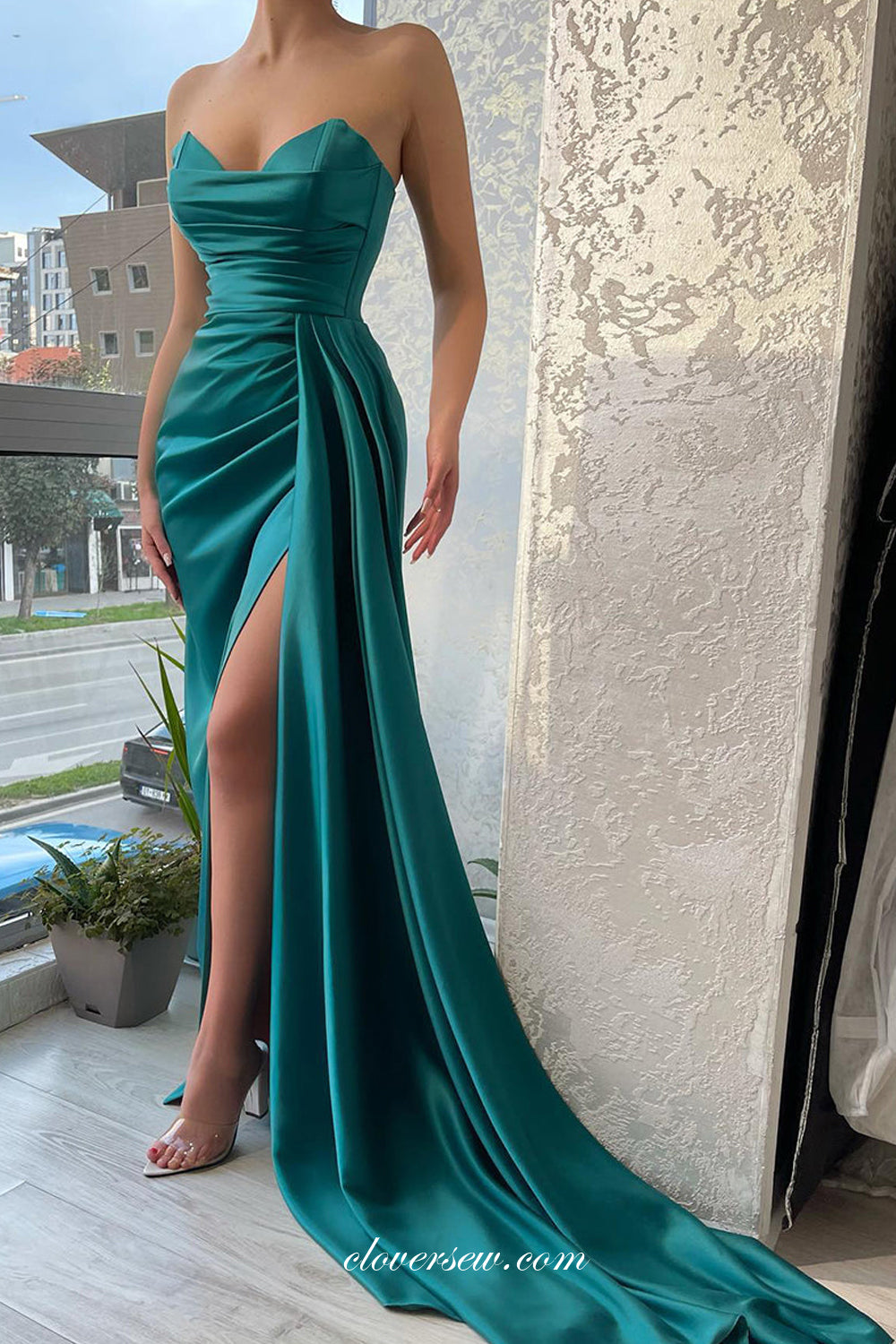 Turquoise Satin Pleating Strapless Sheath High Slit With Train Formal clover sew Turquoise Satin Pleating Strapless Sheath High Slit With Train Formal clover sew