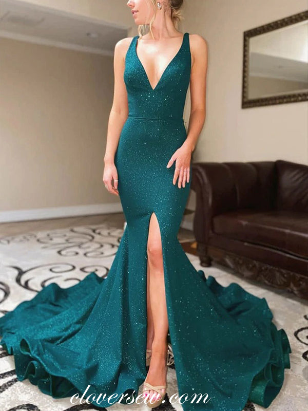 Turquoise Shiny Satin Mermaid Sleeveless Side Slit Prom Dresses, CP0701