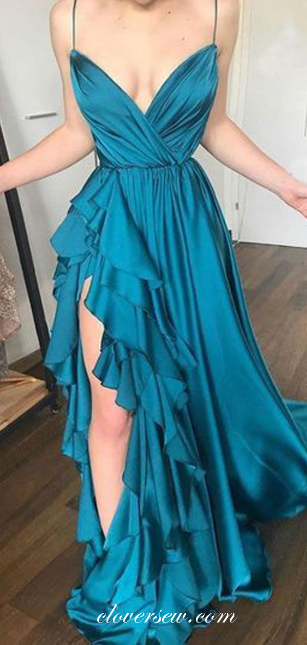 Turquoise Elastic Satin Spaghetti Strap Ruffles Slit Prom Dresses ,CP0338