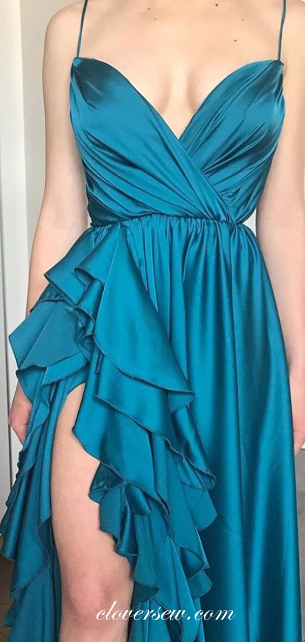 Turquoise Elastic Satin Spaghetti Strap Ruffles Slit Prom Dresses ,CP0338