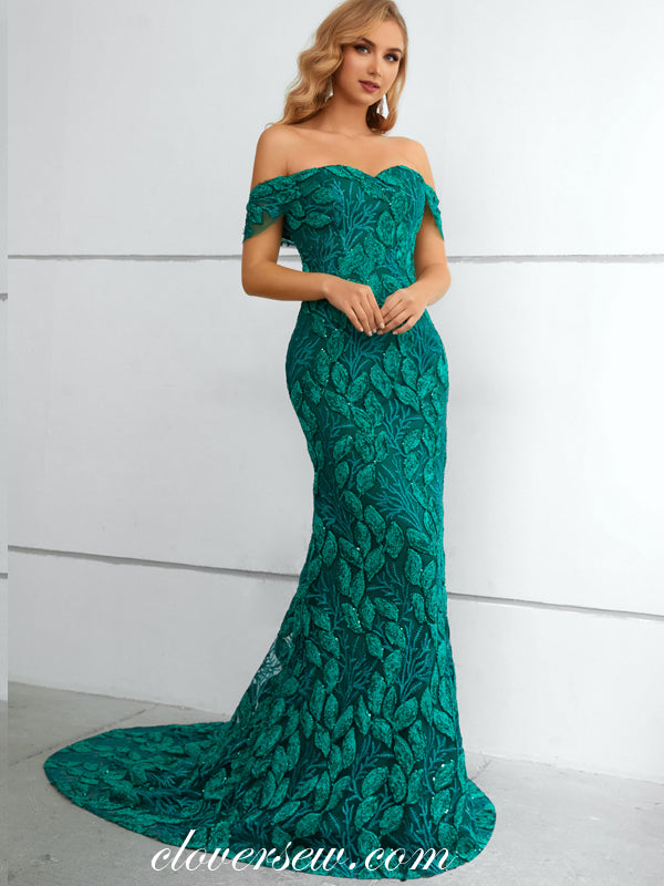 Turquose Embroidery Lace Off The Shoulder Mermaid Elegant Prom Dresses, CP0916