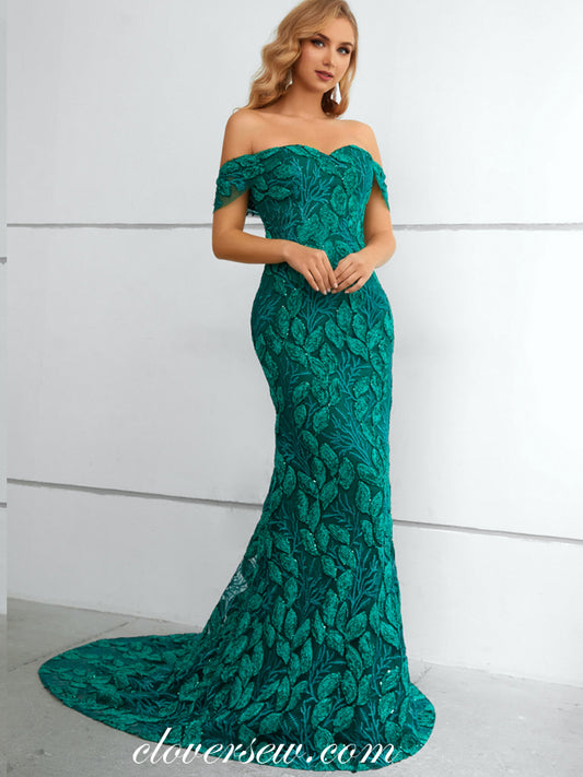 Turquoise Embroidery Lace Off The Shoulder Mermaid Elegant Prom Dresses, CP0916