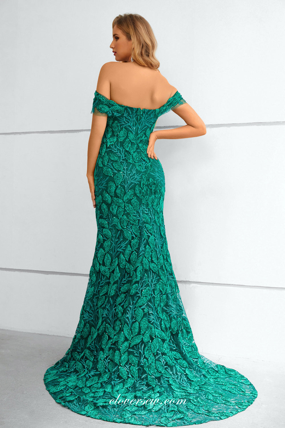 Turquose Embroidery Lace Off The Shoulder Mermaid Elegant Prom Dresses, CP0916