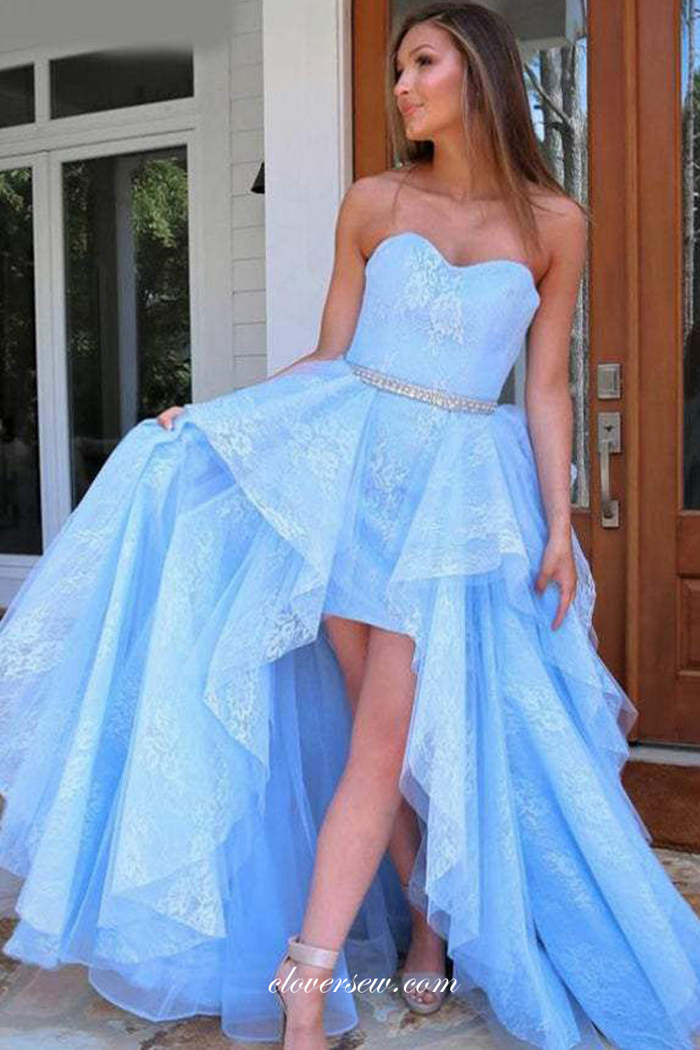 Two Piece Detachable Ruffles Skirt High Low Strapless Prom Dresses, CP0865