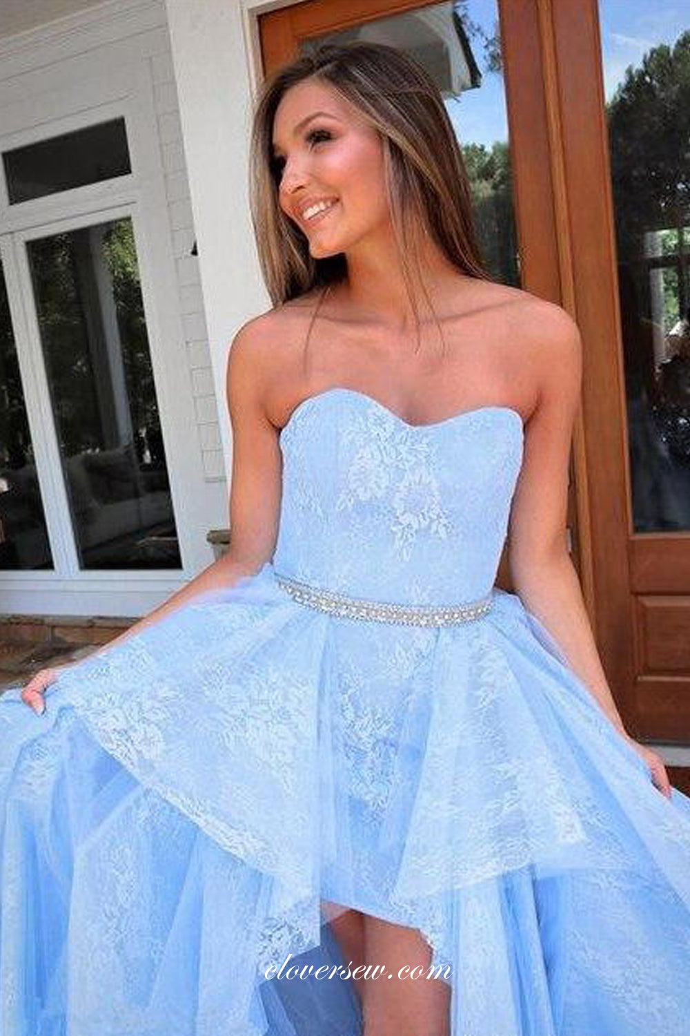 Two Piece Detachable Ruffles Skirt High Low Strapless Prom Dresses, CP0865
