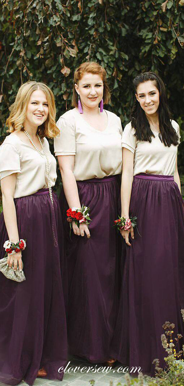 Two Piece Grape Tulle Short Sleeves A-line Fashion Bridesmaid Dresses, CB0206