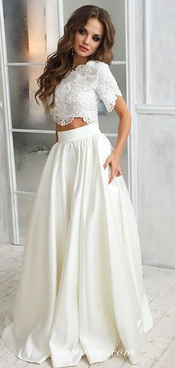 Two Piece Lace Short Sleeves Ivory Satin A-line Wedding Dresses,CW0133 US14 / As Pic Two Piece Lace Short Sleeves Ivory Satin A-line Wedding Dresses,CW0133 US14 / As Pic