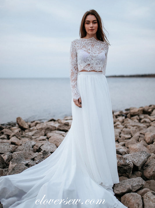 Two Piece White Lace Chiffon Long Sleeves Beach Wedding Dresses, CW0206