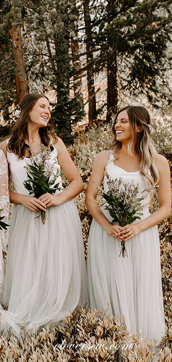 Two Piece White Top Grey Tulle Mismatched Bridesmaid Dresses, CB0203