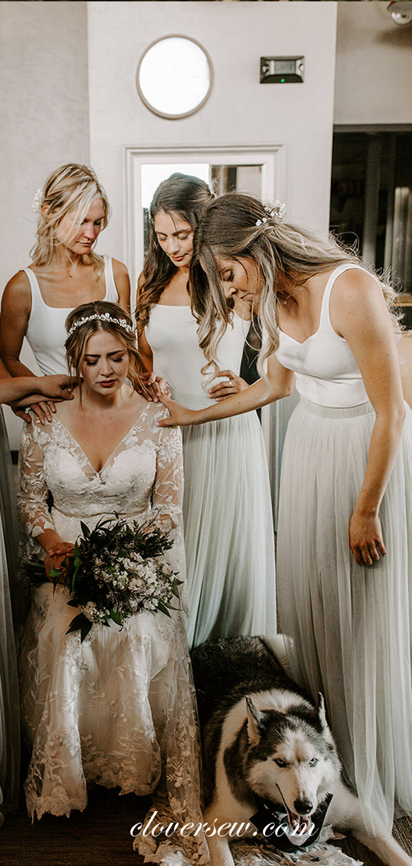 Two Piece White Top Grey Tulle Mismatched Bridesmaid Dresses, CB0203 US2 / As Pic / B