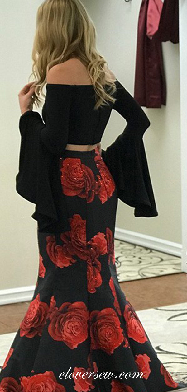 Two Piece Black Red Floral Satin Long Sleeves Mermaid Prom Dresses, CP0048