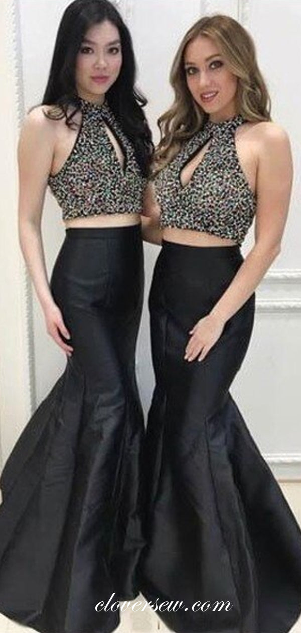 Two Piece Black Satin Rhinestone Mermaid Prom Dresses,CP0415