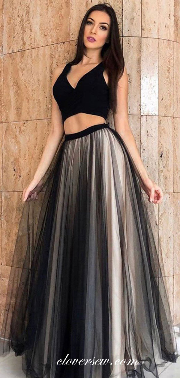 Two Piece Black Tulle Sleeveless A-line Prom Dresses,CP0279