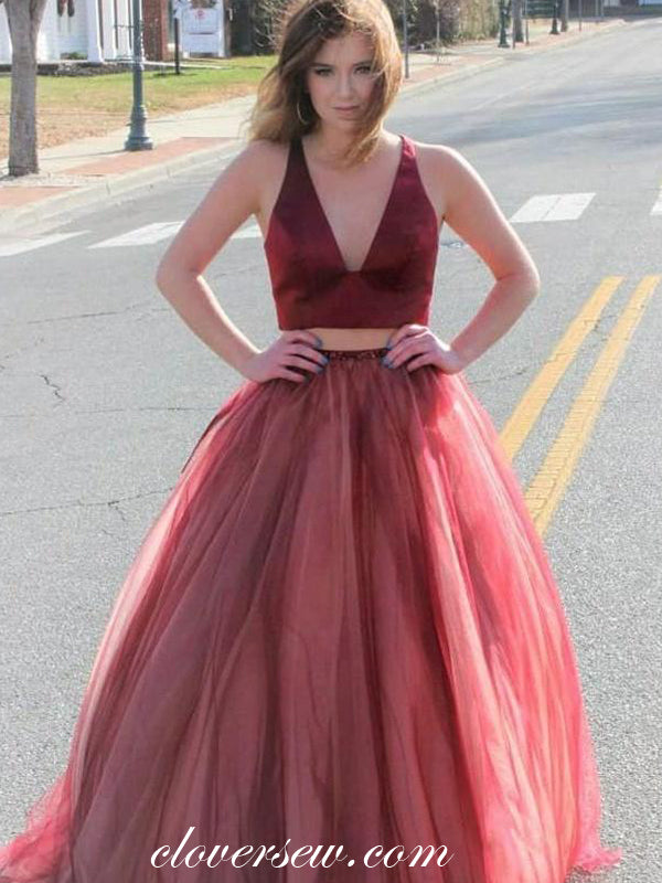 Two Piece Burgundy Satin Tulle A-line Prom Dresses, CP0114