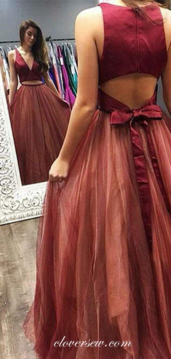 Two Piece Burgundy Satin Tulle A-line Prom Dresses, CP0114